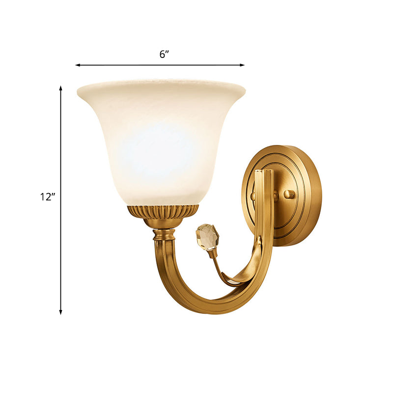 Brass Finish 1/2-Light Wall Sconce Light Colonial Frosted Glass Bell Up Wall Lamp Fixture for Corridor Clearhalo 'Wall Lamps & Sconces' 'Wall Lights' Lighting' 782113