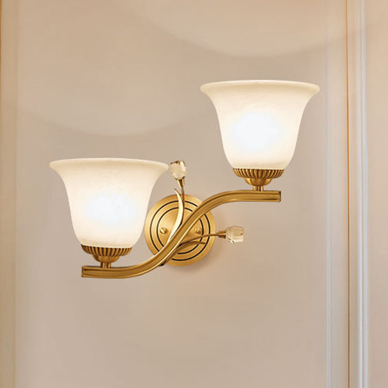 Brass Finish 1/2-Light Wall Sconce Light Colonial Frosted Glass Bell Up Wall Lamp Fixture for Corridor 2.0 Brass Clearhalo 'Wall Lamps & Sconces' 'Wall Lights' Lighting' 782114