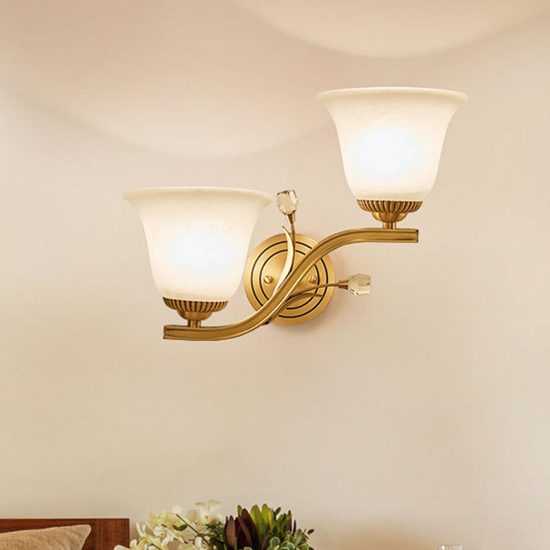 Brass Finish 1/2-Light Wall Sconce Light Colonial Frosted Glass Bell Up Wall Lamp Fixture for Corridor Clearhalo 'Wall Lamps & Sconces' 'Wall Lights' Lighting' 782115