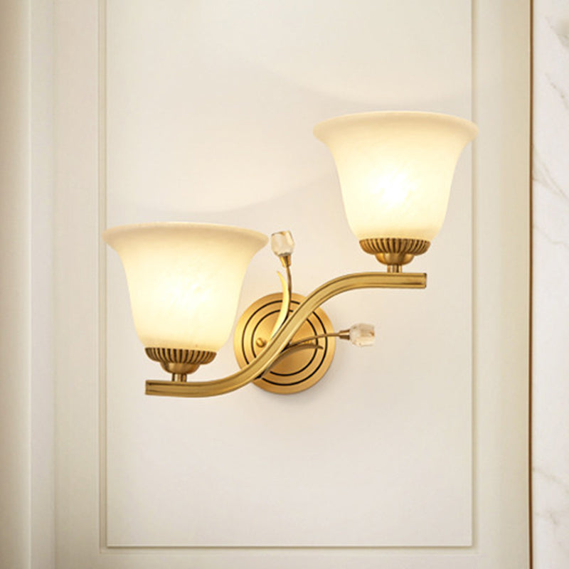 Brass Finish 1/2-Light Wall Sconce Light Colonial Frosted Glass Bell Up Wall Lamp Fixture for Corridor Clearhalo 'Wall Lamps & Sconces' 'Wall Lights' Lighting' 782116