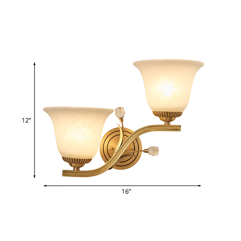 Brass Finish 1/2-Light Wall Sconce Light Colonial Frosted Glass Bell Up Wall Lamp Fixture for Corridor Clearhalo 'Wall Lamps & Sconces' 'Wall Lights' Lighting' 782118