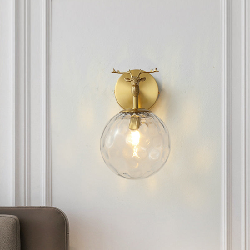 1 Bulb Sconce Light Fixture Vintage Indoor Wall Lamp with Globe Clear Water Glass Shade in Brass Brass Clearhalo 'Wall Lamps & Sconces' 'Wall Lights' Lighting' 782156