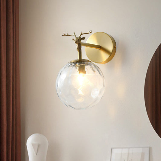 1 Bulb Sconce Light Fixture Vintage Indoor Wall Lamp with Globe Clear Water Glass Shade in Brass Clearhalo 'Wall Lamps & Sconces' 'Wall Lights' Lighting' 782157