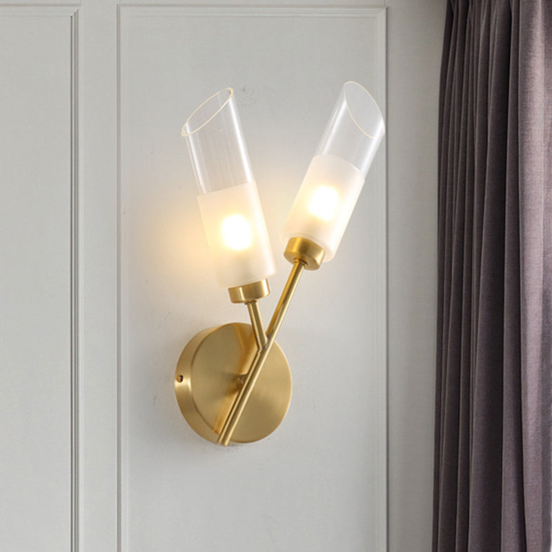 2 Bulbs Tube Wall Mount Lamp Traditional Brass Finish Clear Glass Wall Sconce Light for Indoor Clearhalo 'Wall Lamps & Sconces' 'Wall Lights' Lighting' 782161