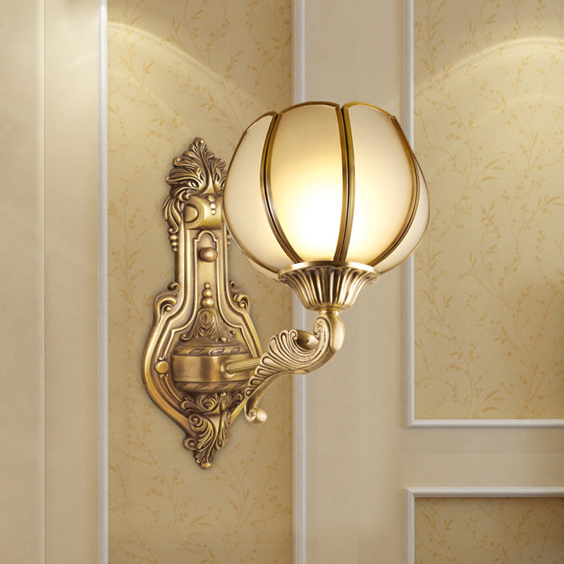 Colonial Domed Up Wall Lighting 1 Light Textured/Opal Glass Wall Mounted Lamp Fixture in Brass Brass B Clearhalo 'Wall Lamps & Sconces' 'Wall Lights' Lighting' 782177