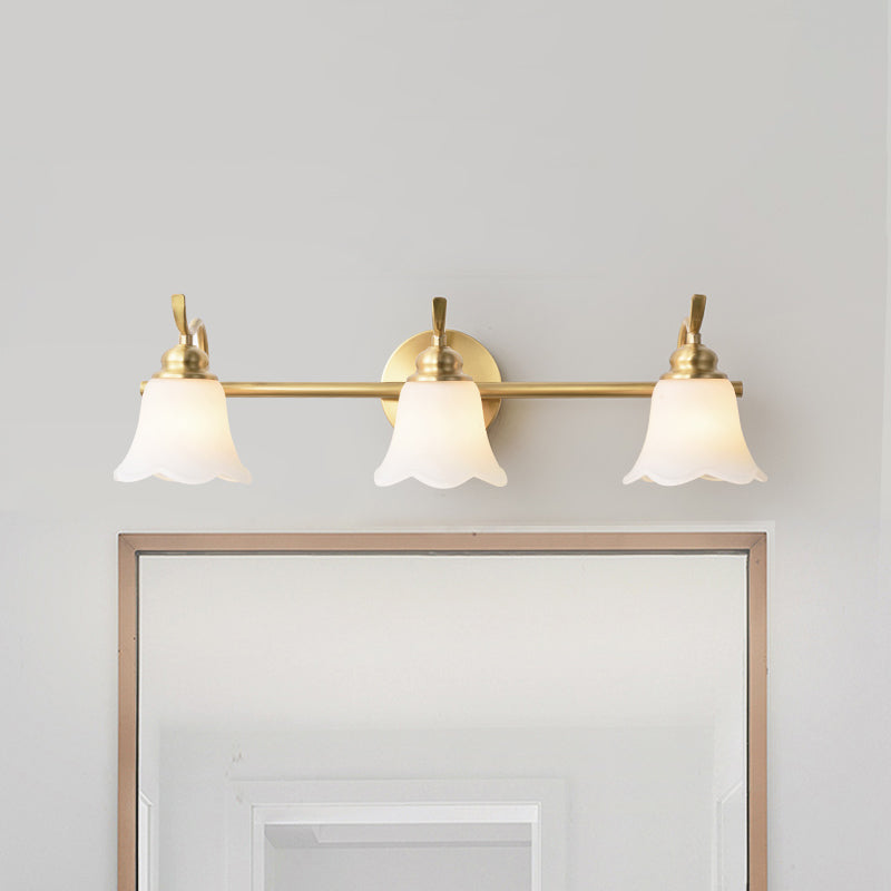 2/3 Bulbs Vanity Wall Light Traditional Bathroom Wall Sconce Lamp with Flower Cream Glass Shade in Brass 3.0 Brass Clearhalo 'Vanity Lights' 'Wall Lights' Lighting' 782186