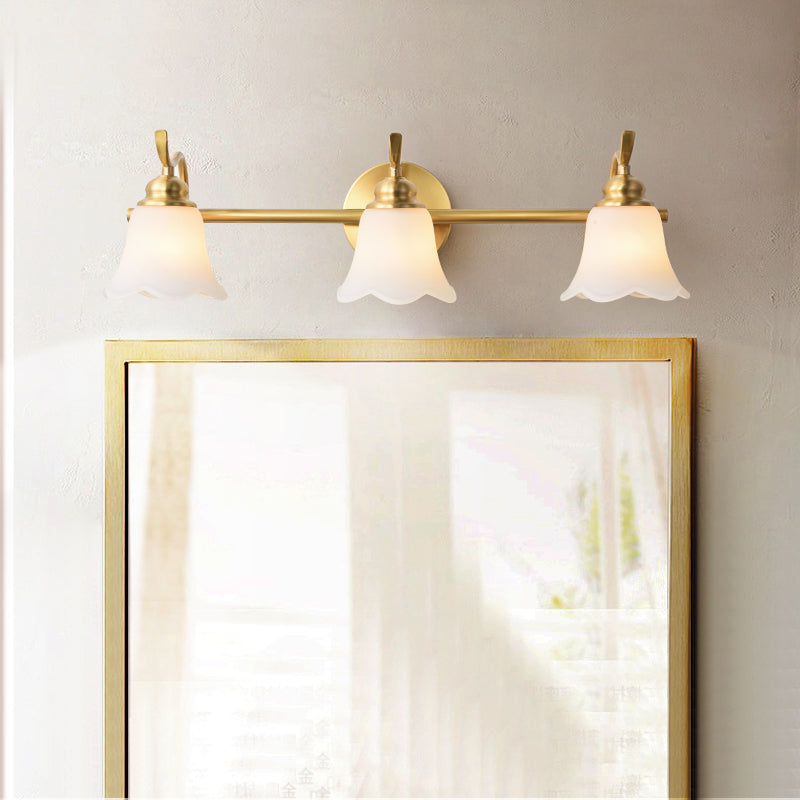 2/3 Bulbs Vanity Wall Light Traditional Bathroom Wall Sconce Lamp with Flower Cream Glass Shade in Brass Clearhalo 'Vanity Lights' 'Wall Lights' Lighting' 782187