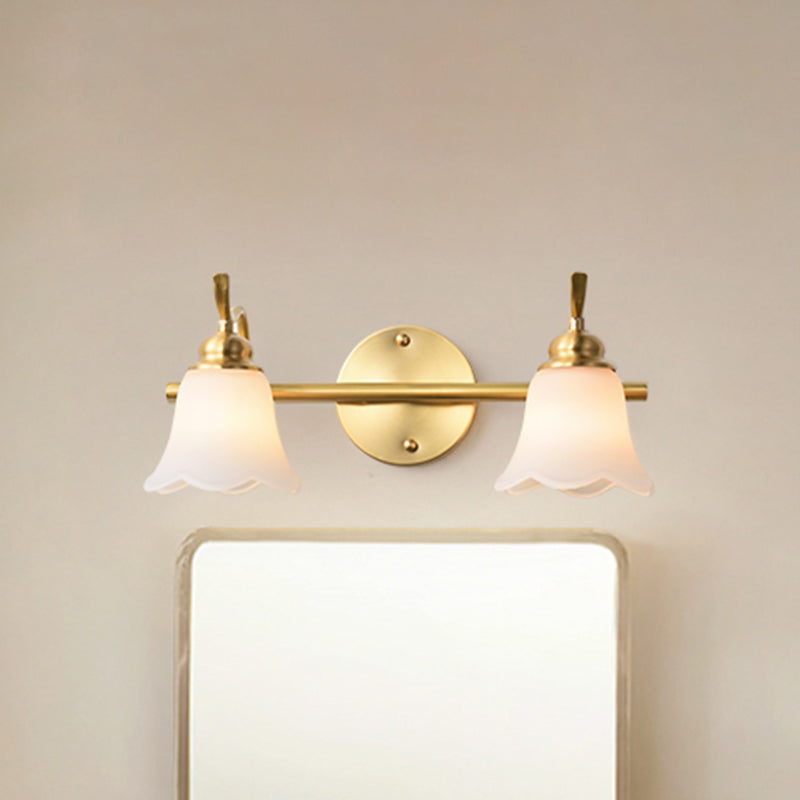 2/3 Bulbs Vanity Wall Light Traditional Bathroom Wall Sconce Lamp with Flower Cream Glass Shade in Brass 2.0 Brass Clearhalo 'Vanity Lights' 'Wall Lights' Lighting' 782190