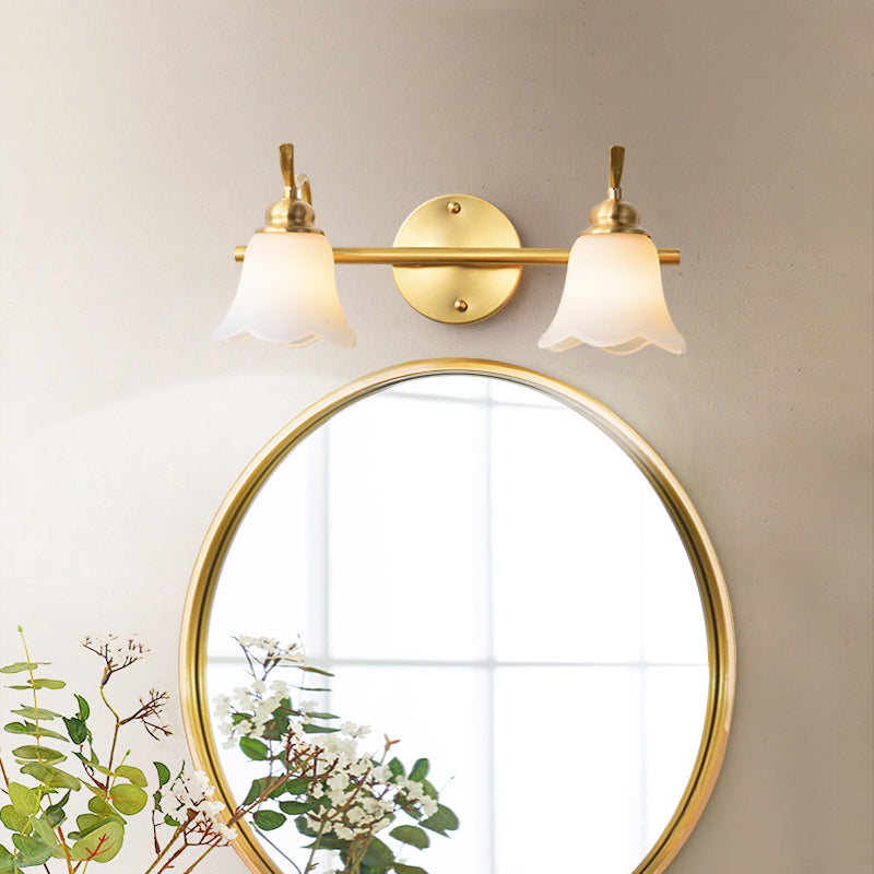 2/3 Bulbs Vanity Wall Light Traditional Bathroom Wall Sconce Lamp with Flower Cream Glass Shade in Brass Clearhalo 'Vanity Lights' 'Wall Lights' Lighting' 782192