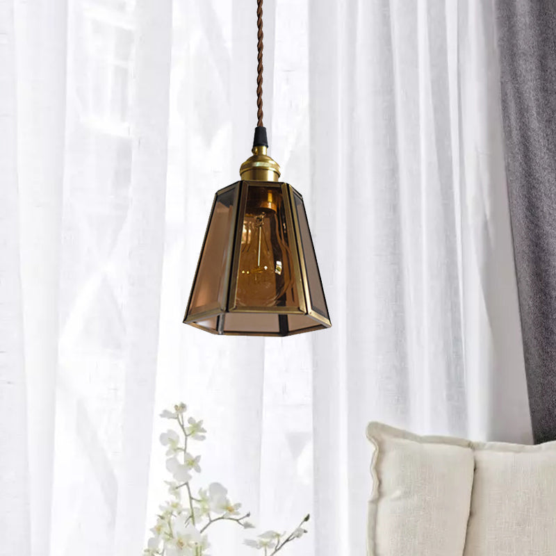 Clear/Amber Glass Hexagon Drop Pendant Light Antiqued 1 Head Bedside Hanging Lamp Fixture in Brass Clearhalo 'Ceiling Lights' 'Pendant Lights' 'Pendants' Lighting' 782195