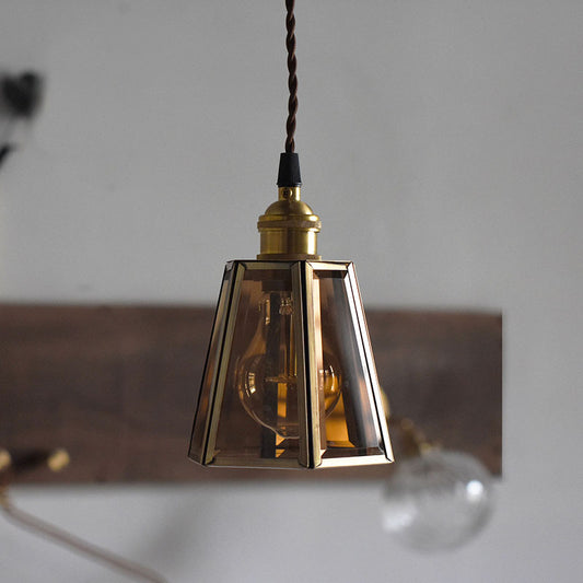 Clear/Amber Glass Hexagon Drop Pendant Light Antiqued 1 Head Bedside Hanging Lamp Fixture in Brass Clearhalo 'Ceiling Lights' 'Pendant Lights' 'Pendants' Lighting' 782196