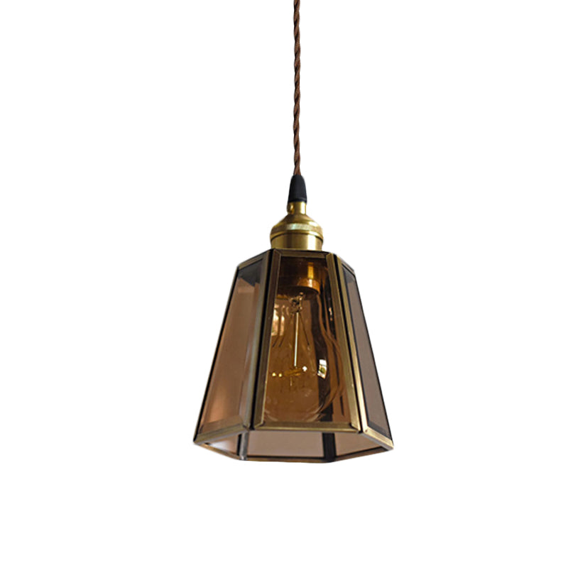 Clear/Amber Glass Hexagon Drop Pendant Light Antiqued 1 Head Bedside Hanging Lamp Fixture in Brass Clearhalo 'Ceiling Lights' 'Pendant Lights' 'Pendants' Lighting' 782197