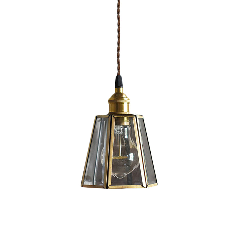 Clear/Amber Glass Hexagon Drop Pendant Light Antiqued 1 Head Bedside Hanging Lamp Fixture in Brass Clearhalo 'Ceiling Lights' 'Pendant Lights' 'Pendants' Lighting' 782202