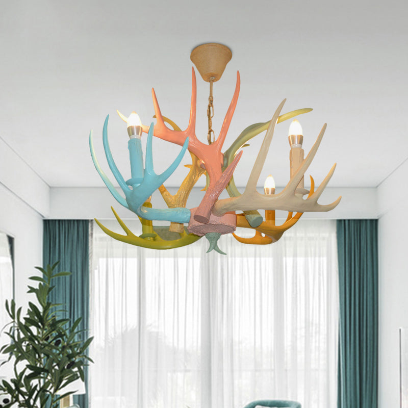 Macaron Antler Ceiling Chandelier Resin 4/6 Bulbs Child Room Suspension Light in Blue-Pink-Yellow with Open Bulb Design 4 Blue-Pink-Yellow Clearhalo 'Ceiling Lights' 'Chandeliers' Lighting' options 782233_f44c1a17-e141-4e0d-9e99-569b60bf2695