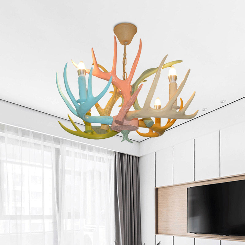 Macaron Antler Ceiling Chandelier Resin 4/6 Bulbs Child Room Suspension Light in Blue-Pink-Yellow with Open Bulb Design Clearhalo 'Ceiling Lights' 'Chandeliers' Lighting' options 782234