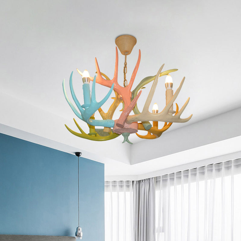 Macaron Antler Ceiling Chandelier Resin 4/6 Bulbs Child Room Suspension Light in Blue-Pink-Yellow with Open Bulb Design Clearhalo 'Ceiling Lights' 'Chandeliers' Lighting' options 782235