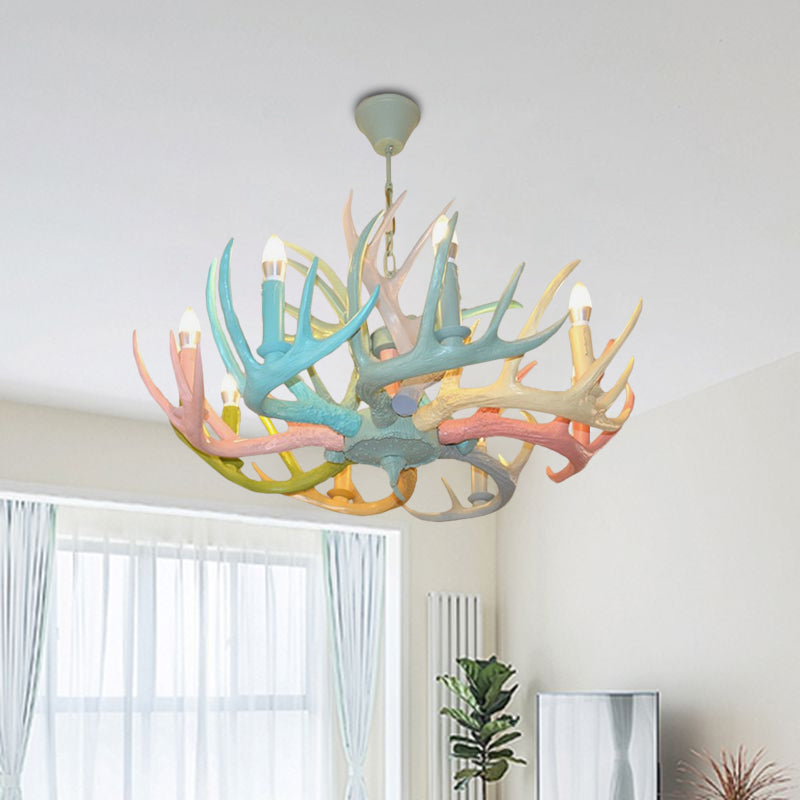 Macaron Antler Ceiling Chandelier Resin 4/6 Bulbs Child Room Suspension Light in Blue-Pink-Yellow with Open Bulb Design 6 Blue-Pink-Yellow Clearhalo 'Ceiling Lights' 'Chandeliers' Lighting' options 782238_2d35f277-2637-4348-9a51-6c1958d1a056