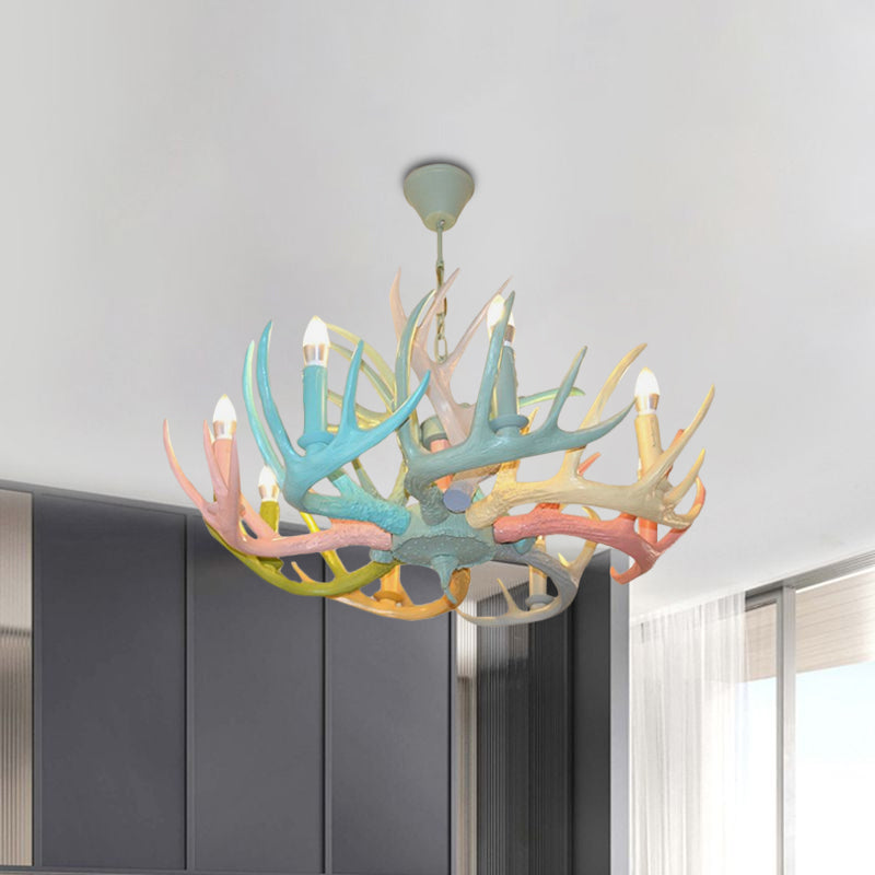 Macaron Antler Ceiling Chandelier Resin 4/6 Bulbs Child Room Suspension Light in Blue-Pink-Yellow with Open Bulb Design Clearhalo 'Ceiling Lights' 'Chandeliers' Lighting' options 782239