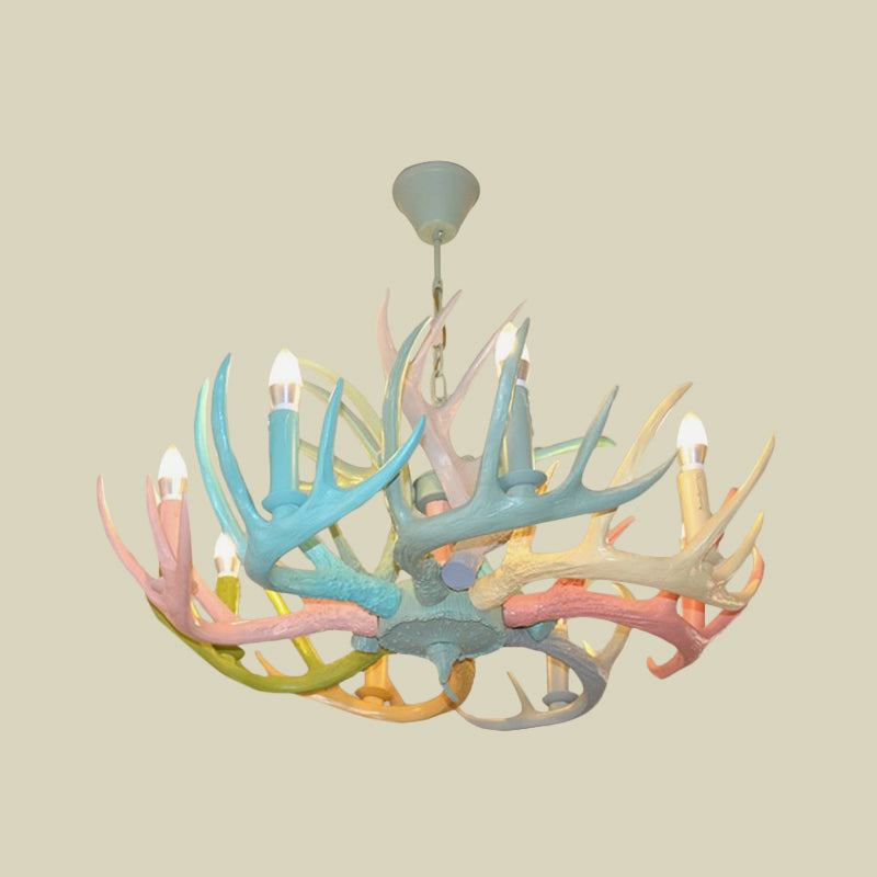 Macaron Antler Ceiling Chandelier Resin 4/6 Bulbs Child Room Suspension Light in Blue-Pink-Yellow with Open Bulb Design Clearhalo 'Ceiling Lights' 'Chandeliers' Lighting' options 782241