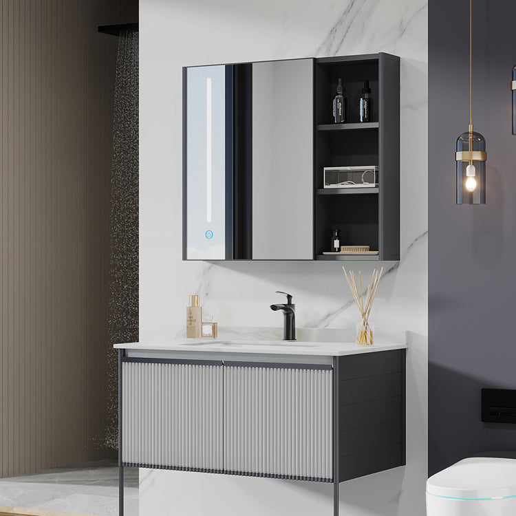 Bath Vanity Grey Metal Frame Rectangular Single Sink Wall Mount Mirror 2 Doors Vanity Clearhalo 'Bathroom Remodel & Bathroom Fixtures' 'Bathroom Vanities' 'bathroom_vanities' 'Home Improvement' 'home_improvement' 'home_improvement_bathroom_vanities' 7831808