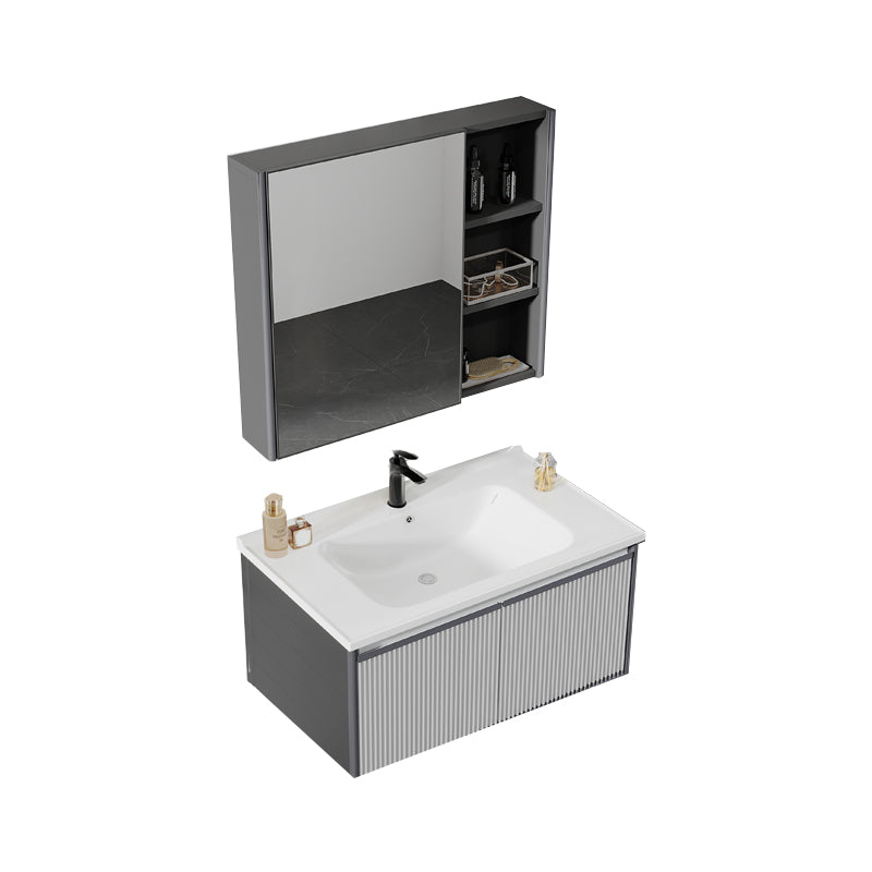 Bath Vanity Grey Metal Frame Rectangular Single Sink Wall Mount Mirror 2 Doors Vanity Vanity & Faucet & Mirror Cabinet Ceramic Clearhalo 'Bathroom Remodel & Bathroom Fixtures' 'Bathroom Vanities' 'bathroom_vanities' 'Home Improvement' 'home_improvement' 'home_improvement_bathroom_vanities' 7831810