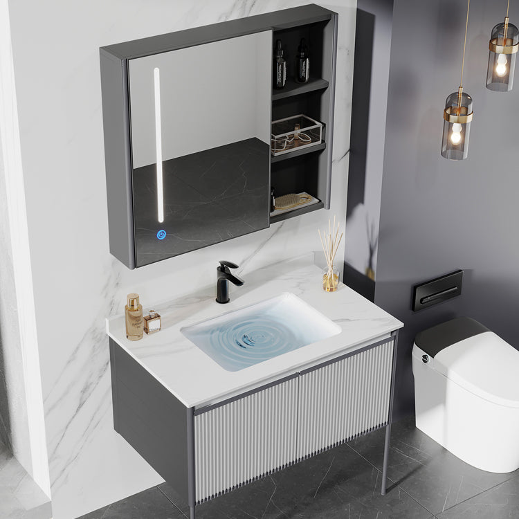 Bath Vanity Grey Metal Frame Rectangular Single Sink Wall Mount Mirror 2 Doors Vanity Clearhalo 'Bathroom Remodel & Bathroom Fixtures' 'Bathroom Vanities' 'bathroom_vanities' 'Home Improvement' 'home_improvement' 'home_improvement_bathroom_vanities' 7831811