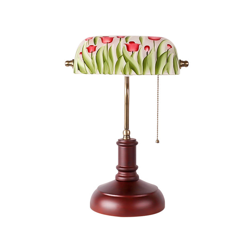 1 Bulb Green Glass Table Lighting Korean Garden Red Brown Flower Bush Pattern Bedroom Nightstand Lamp with Pull Chain Clearhalo 'Lamps' 'Table Lamps' Lighting' 783969