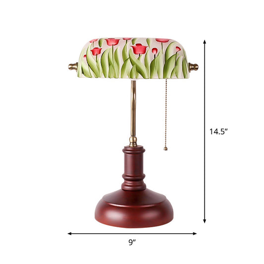 1 Bulb Green Glass Table Lighting Korean Garden Red Brown Flower Bush Pattern Bedroom Nightstand Lamp with Pull Chain Clearhalo 'Lamps' 'Table Lamps' Lighting' 783970