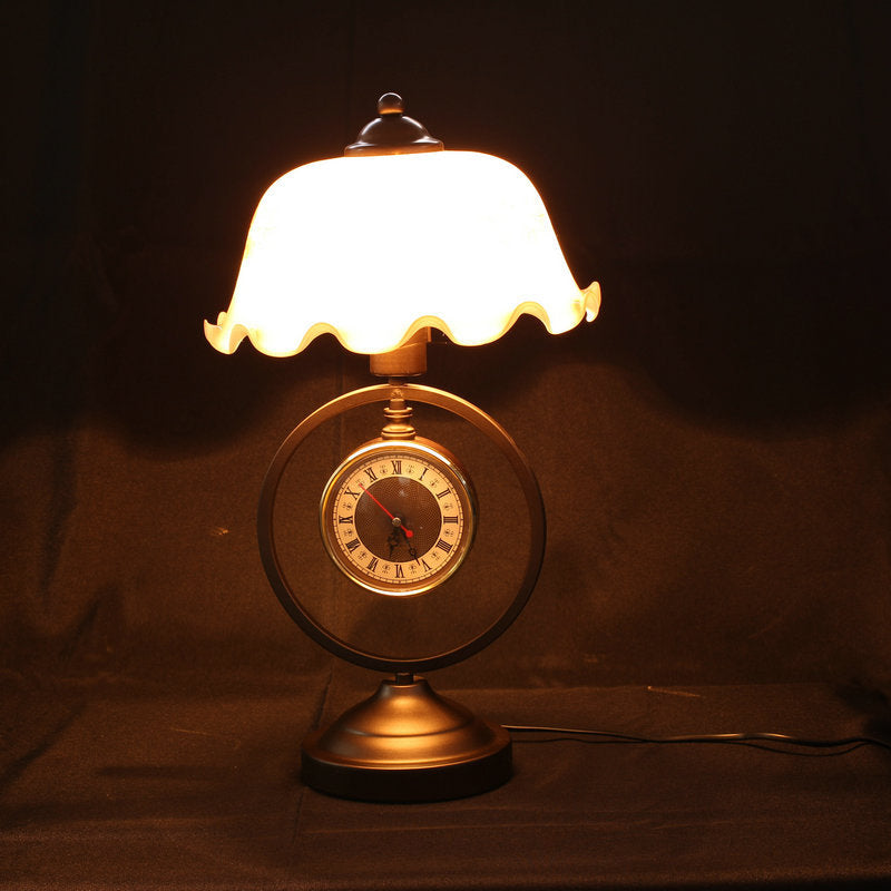 1 Head Table Lamp Countryside Ruffle Bowl Milk Glass Nightstand Light with Dangling Roman Clock in Red Brown Red Brown Clearhalo 'Lamps' 'Table Lamps' Lighting' 783971