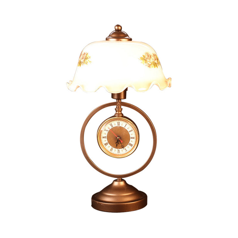 1 Head Table Lamp Countryside Ruffle Bowl Milk Glass Nightstand Light with Dangling Roman Clock in Red Brown Clearhalo 'Lamps' 'Table Lamps' Lighting' 783973