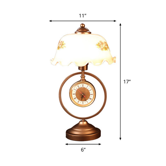 1 Head Table Lamp Countryside Ruffle Bowl Milk Glass Nightstand Light with Dangling Roman Clock in Red Brown Clearhalo 'Lamps' 'Table Lamps' Lighting' 783974