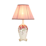 Gathered Fabric Beige/Pink Nightstand Light Conical 1 Light Pastoral Style Table Lamp with Painted Pottery Base Pink Clearhalo 'Lamps' 'Table Lamps' Lighting' 783995