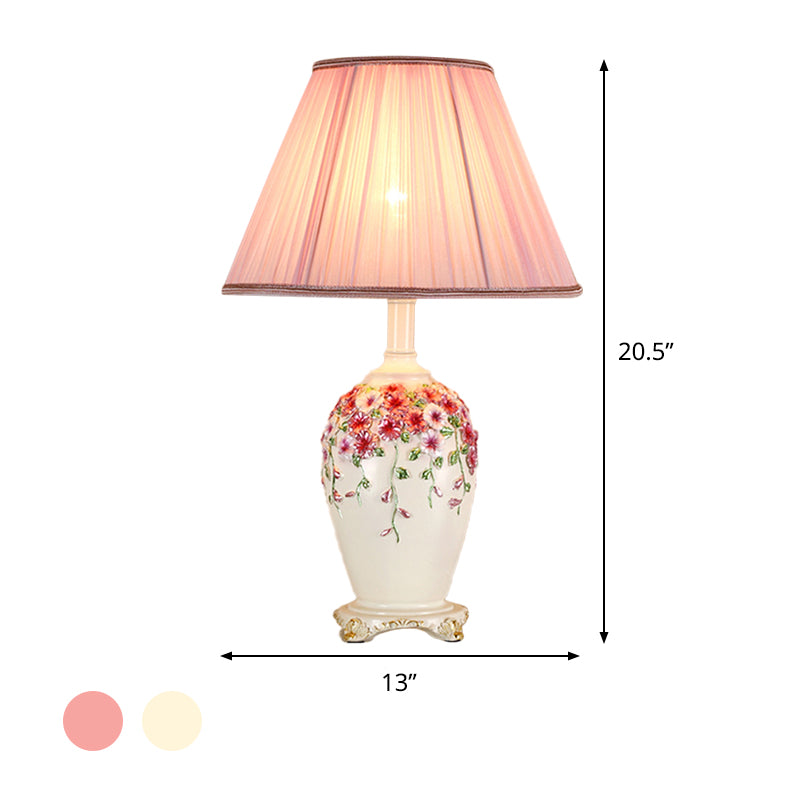 Gathered Fabric Beige/Pink Nightstand Light Conical 1 Light Pastoral Style Table Lamp with Painted Pottery Base Clearhalo 'Lamps' 'Table Lamps' Lighting' 783998