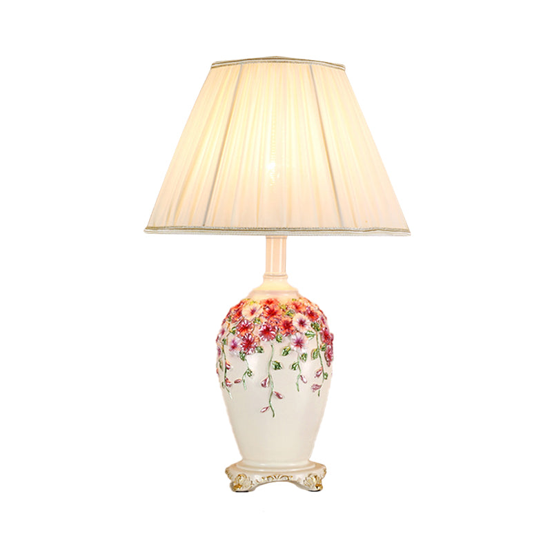 Gathered Fabric Beige/Pink Nightstand Light Conical 1 Light Pastoral Style Table Lamp with Painted Pottery Base Clearhalo 'Lamps' 'Table Lamps' Lighting' 784001