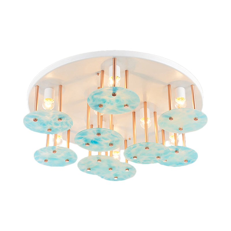 Flake Gradient Blue Glass Semi Flush Kids 9-Head White and Gold Ceiling Mount Light Fixture White Clearhalo 'Ceiling Lights' 'Close To Ceiling Lights' 'Close to ceiling' 'Flush mount' Lighting' 784011