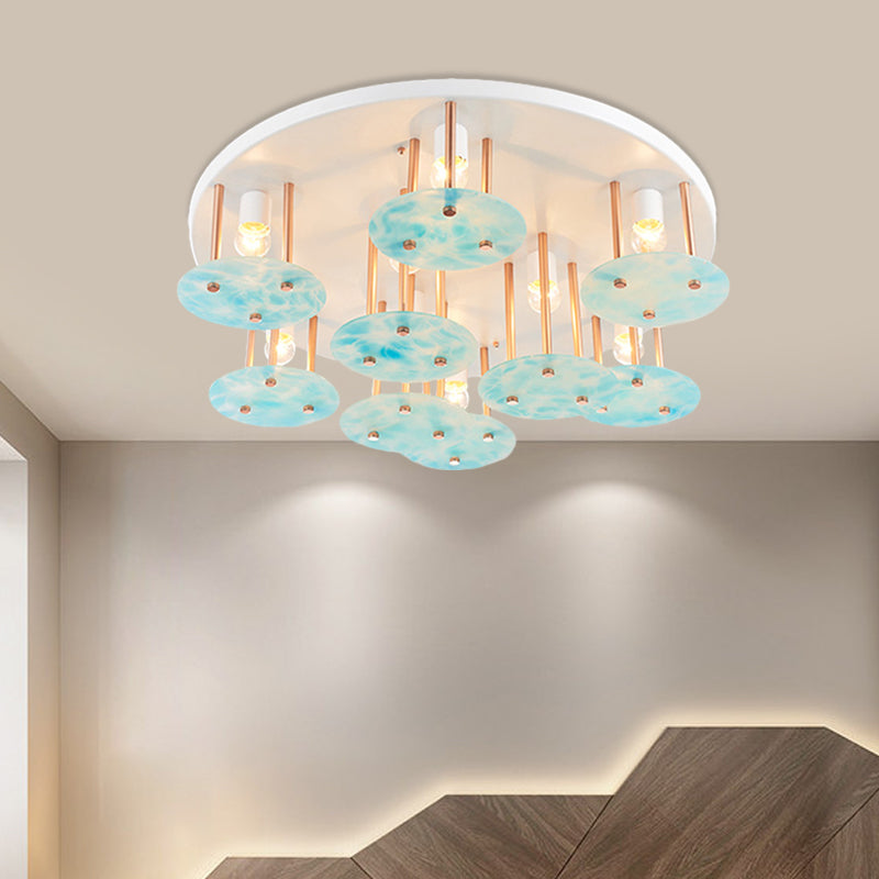 Flake Gradient Blue Glass Semi Flush Kids 9-Head White and Gold Ceiling Mount Light Fixture Clearhalo 'Ceiling Lights' 'Close To Ceiling Lights' 'Close to ceiling' 'Flush mount' Lighting' 784012