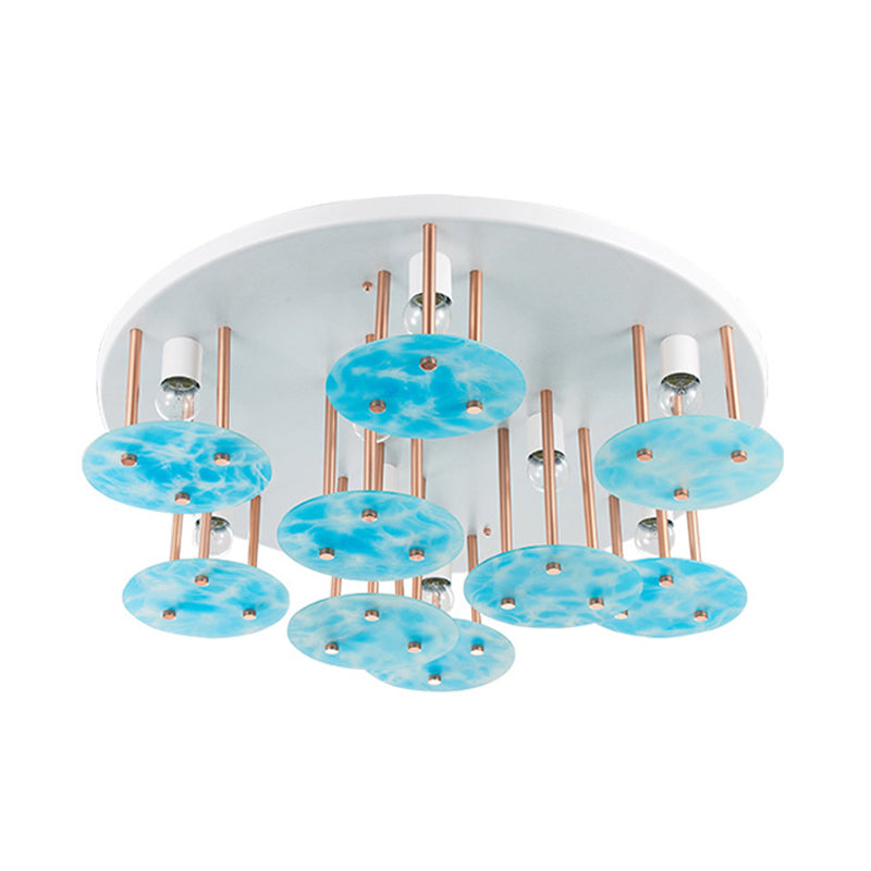 Flake Gradient Blue Glass Semi Flush Kids 9-Head White and Gold Ceiling Mount Light Fixture Clearhalo 'Ceiling Lights' 'Close To Ceiling Lights' 'Close to ceiling' 'Flush mount' Lighting' 784013