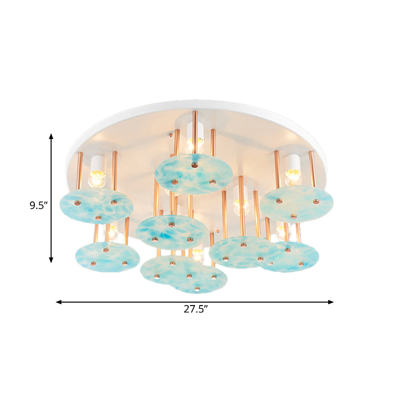 Flake Gradient Blue Glass Semi Flush Kids 9-Head White and Gold Ceiling Mount Light Fixture Clearhalo 'Ceiling Lights' 'Close To Ceiling Lights' 'Close to ceiling' 'Flush mount' Lighting' 784014