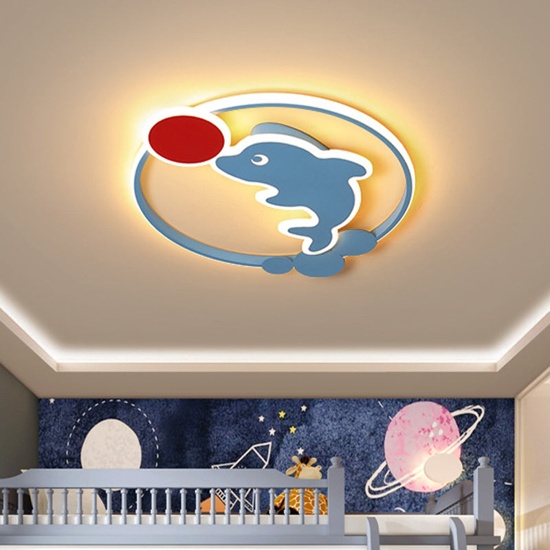 Cartoon LED Flushmount Blue and Red Dolphin Playing Ball Flush Mount Ceiling Light with Acrylic Shade in Warm/White Light Blue Warm Clearhalo 'Ceiling Lights' 'Close To Ceiling Lights' 'Close to ceiling' 'Flush mount' Lighting' 784024