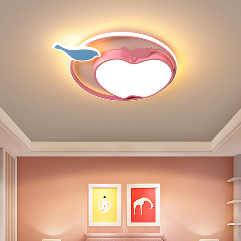 Pink Apple Ceiling Lamp Cartoon Acrylic Integrated LED Flush Mount Fixture in Warm/White Light for Kids Bedroom Pink Warm Clearhalo 'Ceiling Lights' 'Close To Ceiling Lights' 'Close to ceiling' 'Flush mount' Lighting' 784031