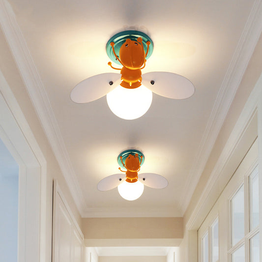 Kids Firefly White Glass Semi Flush 1 Bulb Ceiling Flush Mount Light in Orange for Corridor Clearhalo 'Ceiling Lights' 'Close To Ceiling Lights' 'Close to ceiling' 'Glass shade' 'Glass' 'Pendant Lights' 'Semi-flushmount' Lighting' 784072