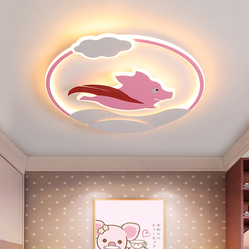 Super Pig Ultrathin Flush Mount Lamp Cartoon Aluminum Pink LED Close to Ceiling Lighting Fixture in Warm/White Light Pink Warm Clearhalo 'Ceiling Lights' 'Close To Ceiling Lights' 'Close to ceiling' 'Flush mount' Lighting' 784118