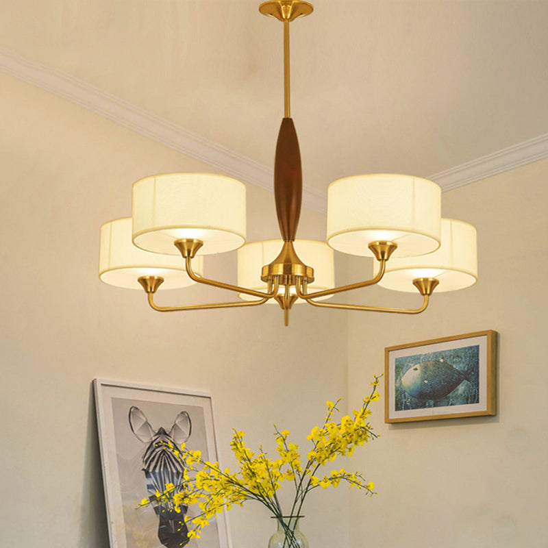 3/5-Bulb Drop Pendant Countryside Bedroom Chandelier Lamp with Drum Fabric Shade in White Clearhalo 'Ceiling Lights' 'Chandeliers' Lighting' options 784177