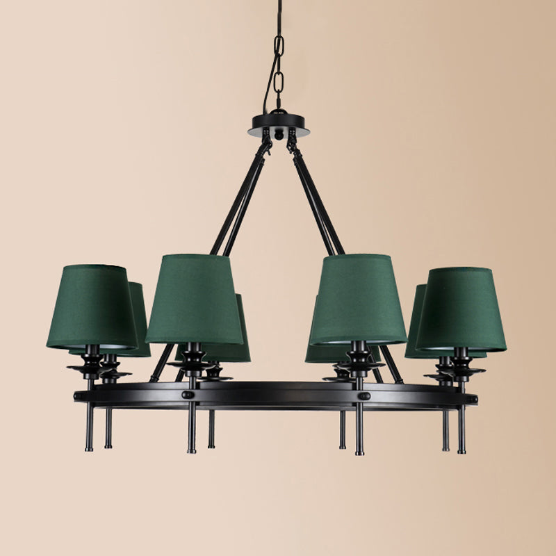 8 Bulbs Circle Pendant Lamp Retro Style Green Metal Ceiling Chandelier with Conic Fabric Shade Clearhalo 'Ceiling Lights' 'Chandeliers' Lighting' options 784197