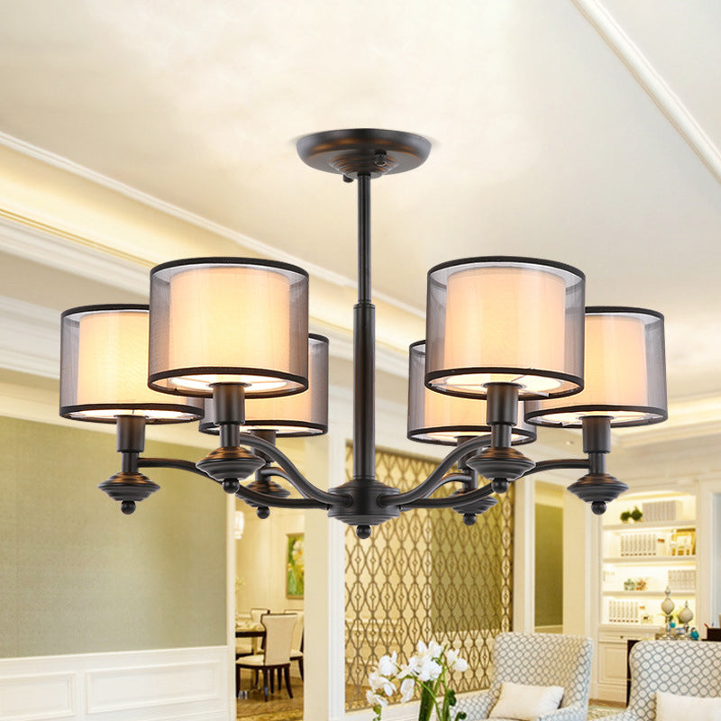 5/6 Bulbs Pendant Chandelier Traditional Double Drum Fabric Hanging Ceiling Light in Black for Bedroom Clearhalo 'Ceiling Lights' 'Chandeliers' Lighting' options 784208