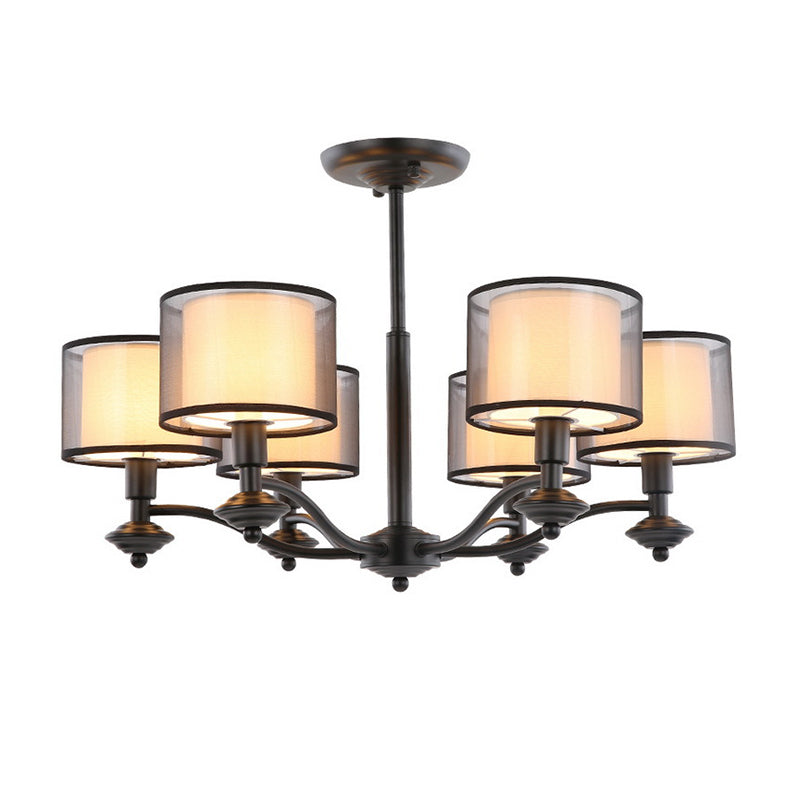 5/6 Bulbs Pendant Chandelier Traditional Double Drum Fabric Hanging Ceiling Light in Black for Bedroom Clearhalo 'Ceiling Lights' 'Chandeliers' Lighting' options 784210