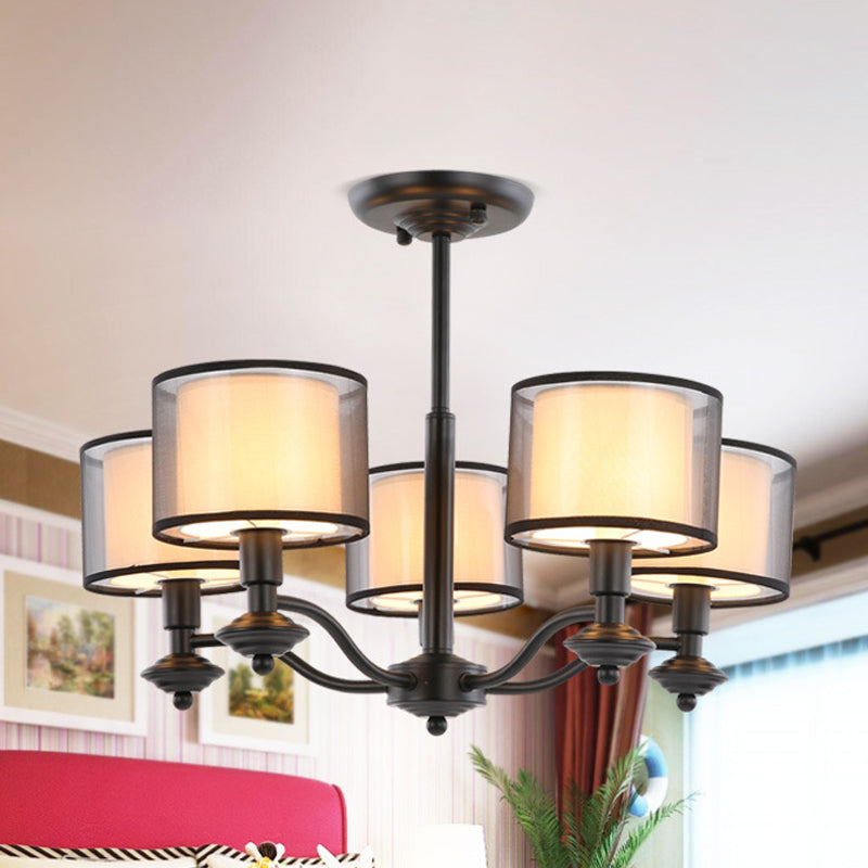 5/6 Bulbs Pendant Chandelier Traditional Double Drum Fabric Hanging Ceiling Light in Black for Bedroom 5 Black Clearhalo 'Ceiling Lights' 'Chandeliers' Lighting' options 784212_9a2d8d7e-46f0-4ac0-b9b3-4346d417981c