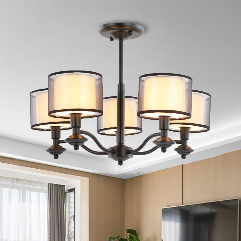 5/6 Bulbs Pendant Chandelier Traditional Double Drum Fabric Hanging Ceiling Light in Black for Bedroom Clearhalo 'Ceiling Lights' 'Chandeliers' Lighting' options 784213