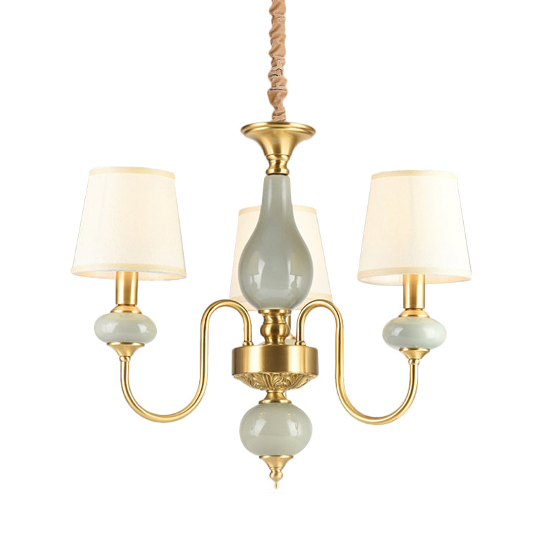 Brass Swooping Arm Chandelier Lighting Fixture Classic Metal 3 Lights Dining Room Hanging Lamp with Cone Fabric Shade Clearhalo 'Ceiling Lights' 'Chandeliers' Lighting' options 784217