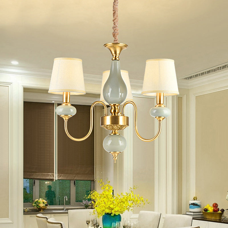 Brass Swooping Arm Chandelier Lighting Fixture Classic Metal 3 Lights Dining Room Hanging Lamp with Cone Fabric Shade Clearhalo 'Ceiling Lights' 'Chandeliers' Lighting' options 784218